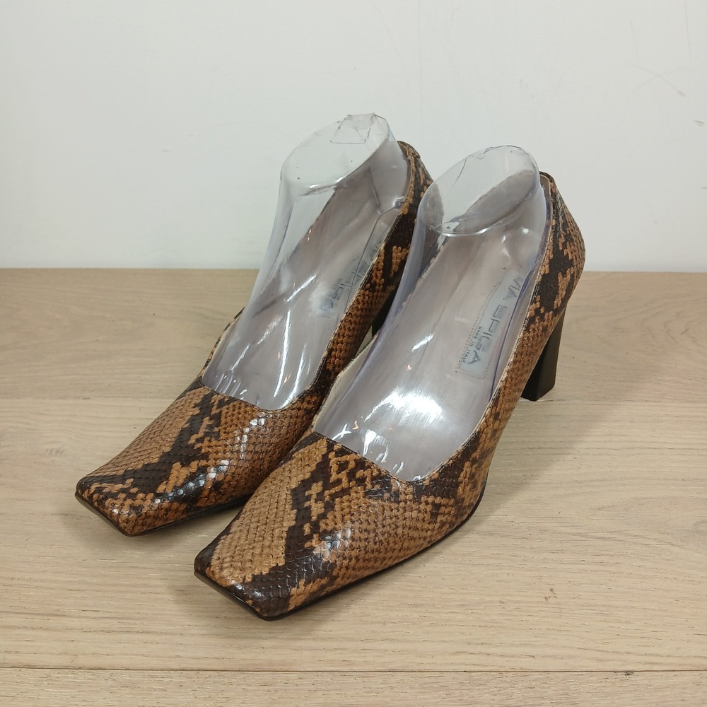 Via Spiga Pumps Womens 10M Brown Snake Print Leather Block Heel Quiet Luxury